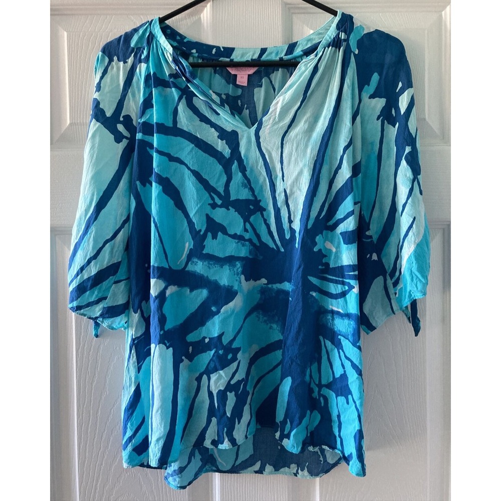 Lilly Pulitzer Top Womens  Sparkling Blue Get Inky Arm Slits Sexy Shirt Size XS